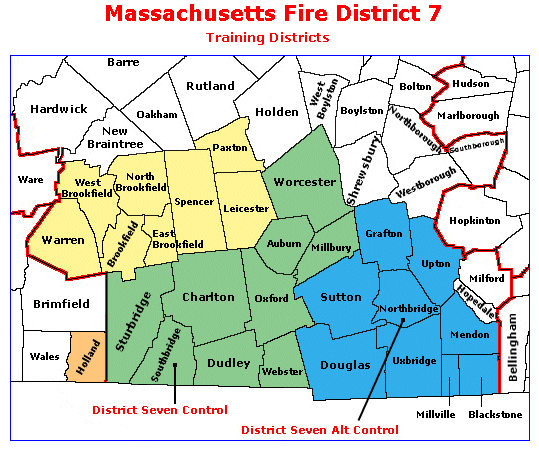 Map with highlights on counties in Fire District 7 where Training occurs